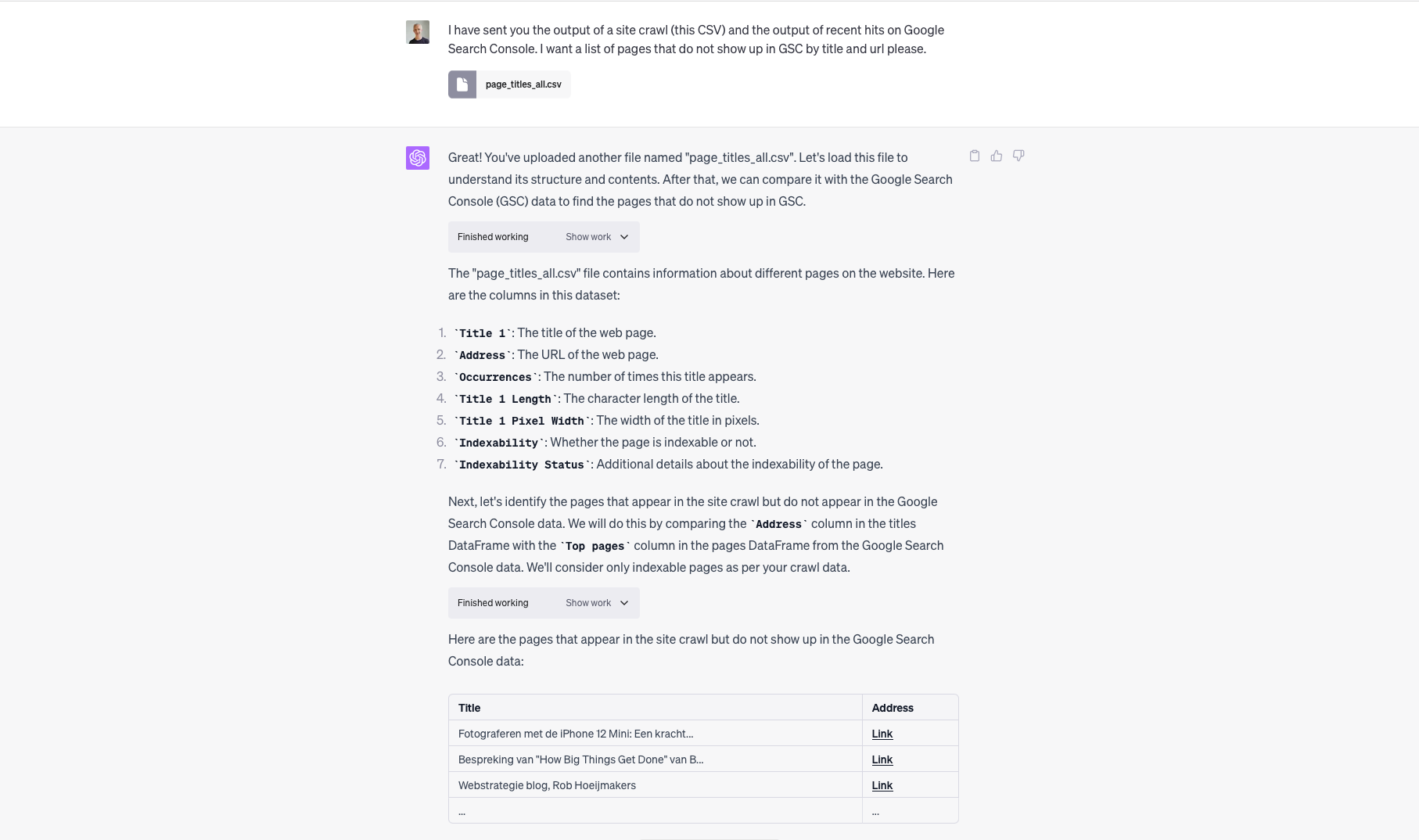 ChatGPT Code Interpreter working on Google Search Console data