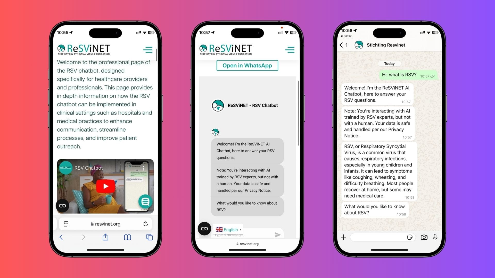 RSV Chatbot on mobile: the website, the chatbot page and WhatsApp.