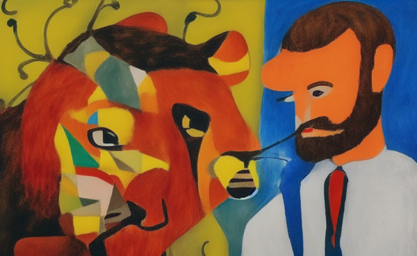 Stable Diffusion: Paint a picture of Ernest Hemingway with a lion in Prague in the style of Joan Miró